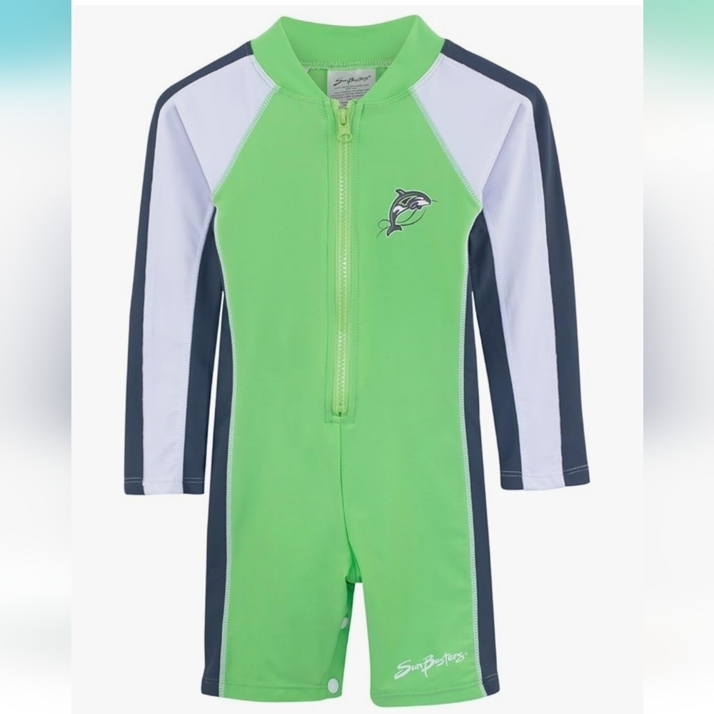 Boys One Piece Long Sleeve Sunsuit Swim Suit UPF 50+ Sun Protection Green Navy